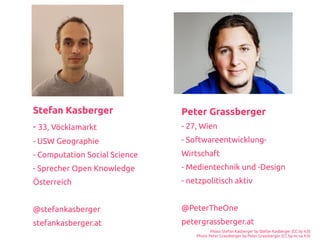 Stefan Kasberger
- 33, Vöcklamarkt
- USW Geographie
- Computation Social Science
- Sprecher Open Knowledge
Österreich
@stefankasberger
stefankasberger.at
Peter Grassberger
- 27, Wien
- Softwareentwicklung-
Wirtschaft
- Medientechnik und -Design
- netzpolitisch aktiv
@PeterTheOne
petergrassberger.at
Photo Stefan Kasberger by Stefan Kasberger (CC by 4.0)
Photo Peter Grassberger by Peter Grassberger (CC by-nc-sa 4.0)
 