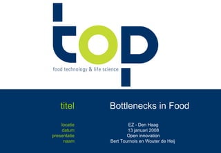 Wouter de Heij & Bert Tournois - Bottlenecks in Food - © 2008
locatie
datum
presentatie
naam
EZ - Den Haag
13 januari 2008
Open innovation
Bert Tournois en Wouter de Heij
titel Bottlenecks in Food
 