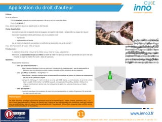 Application du droit d'auteur
                                                                                                                                                                             Innovation is Openness
Critères. 

Est-on en présence :

        1) D'une création (suppose une certaine expression, càd qu'on sort du monde des idées) ;

        2) est-elle originale  ?

Si oui, alors il s'agit d'une œuvre sur laquelle porte un droit d'auteur.

Champ d’application :

        – les droits moraux sont-ils respectés (droit de divulgation, de repentir et de retrait, à la paternité et au respect de l’œuvre)

        – Concernant l'exploitation (droits patrimoniaux), est-on en présence d'une :

                  • reproduction

                  • représentation de l'œuvre

             (ou, en matière de logiciel, la reproduction, la modification et la première mise sur le marché)  ?

Si oui, alors l'autorisation de l'auteur initial est requise.

Conséquences :

        – la protection née au fur et à mesure de la création (ce qui inclut les travaux préparatoires) ;

        – Néanmoins, la nouveauté n'est pas un critère (la liberté de créée n'est donc pas remise en question dès lors qu'on crée sans
               s'inspirer ou copier la création d'un autre – enjeu de la preuve) ;

Questions :

        – Responsabilité des acteurs :

                  • Celui qui vend l'imprimante ?

                             Débat classique (identique à celui qui avait suivi l'introduction du magnétoscope) : pas de responsabilité du
                               fabriquant pour les infractions au droit d'auteur commises par les utilisateurs de leurs appareils.
                  • Celui qui diffuse les fichiers « à imprimer » ?

                          – Plates-formes : distinguo classique entre la responsabilité automatique de l'éditeur et l'absence de responsabilité
                               par principe de l'hébergeur diligent.
                          – Les logiciels d'échanges ? L'article 21 de la loi du 1er août 2006 relative aux droits d’auteur et aux droits voisins
                               dans la société d’information ( loi DADVSI) a ajouté une responsabilité spécifique dédiée à l'éditeur d'un
                               « logiciel manifestement destiné à la mise à disposition du public non autorisée d’œuvres ou d’objets
                               protégés. »
                  • Celui qui imprime ?

                          – Il pourrait revendiquer les exceptions de copie (voire de représentation en matière d'impression 3D) privée dès
                               lors que la source sera licite...

      Remarques :

      Le droit d'auteur protège aujourd'hui presque tout (et n'importe quoi : table, chaise, passoire, etc.) : ce
      qui n'avait pas tellement d'impact en dehors de l'industrie qui reproduisait ces contenus, mais qui va être
      plus problématique dans le cas d'une banalisation de l'impression 3D qui fera ressurgir des conflits entre
      particuliers/utilisateurs et industries.




                                                                                                                        11                                                www.inno3.fr
                                                      « L'impression 3D : prochaine révolution de la propriété ? », © 2012 Benjamin Jean, inno³,  sous triple licence CC-By-SA 3.0, GNU GFL 1.3 et LAL 1.3
 