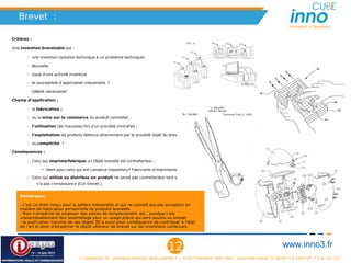 Brevet  :
                                                                                                                                                            Innovation is Openness


Critères :

Une invention brevetable est :

       – une invention (solution technique à un problème technique)

       – Nouvelle

       – issue d'une activité inventive

       – et susceptible d’application industrielle  ?

             (dépôt nécessaire)

Champ d’application :

       – la fabrication ;

       – ou la mise sur le commerce du produit contrefait ;

       – l’utilisation (de mauvaise foi) d’un procédé contrefait ;

       – l’exploitation de produits obtenus directement par le procédé objet du brevet ;

       – ou complicité  ?

Conséquences :

       – Celui qui imprime/fabrique un Objet breveté est contrefacteur ;

                  • Idem pour celui qui est complice (repository? Fabricants d'imprimantes?))

       – Celui qui utilise ou distribue un produit ne serait pas contrefacteur tant qu'il
               n'a pas connaissance d'un brevet ;


    Remarques :

    - c'est un droit conçu pour la sphère industrielle et qui ne connaît aucune exception en
    matière de fabrication personnelle de produits brevetés.
    - Rien n'empêche de proposer des pièces de remplacement, etc., puisque c'est
    vraisemblablement leur assemblage pour un usage précis qui sera soumis au brevet.
    - la publication massive de ces objets 3D a aussi pour conséquence de contribuer à l'état
    de l'art et donc d'empêcher le dépôt ultérieur de brevet sur les inventions contenues.




                                                                                       12                                                                www.inno3.fr
                                     « L'impression 3D : prochaine révolution de la propriété ? », © 2012 Benjamin Jean, inno³,  sous triple licence CC-By-SA 3.0, GNU GFL 1.3 et LAL 1.3
 