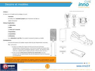 Dessins et modèles
                                                                                                                                                                 Innovation is Openness



Critères :

Un dessin ou un modèle seront protégés s'ils sont :

       – nouveaux

       – et revêtus d'un caractère propre (pas d'impression de déjà vu).

          (dépôt nécessaire)

Champ d’application :

       – La fabrication,

       – L'offre,

       – La mise sur le marché,

       – l’importation,

       – L'exportation,

       – L'Utilisation,

       – ou la détention à ces fins, d’un produit incorporant le dessin ou modèle

Conséquences :

       – Les droits des dessins et modèles risquent d'être les plus fréquemment concernés ;

       – Mais  sont exclus :

               • Les dessins et modèles dont l'aspect est dicté par des fonctions techniques
                    (aérodynamique, contraintes diverses), si leur forme est imposée par le besoin d’être
                    associé à un autre produit (compatibilité matérielle). Exemple : des vêtements (robes,
                    t-shirt, etc.), ustensiles (panier à salade, grille-pain), véhicule (voiture, vélo, etc.) :

               • les actes accomplis à titre privé et à des fins non commerciales, des actes
                    accomplis à des fins expérimentales, des actes de reproduction à des fins d’illustration
                    ou d’enseignement.

     Remarques :

     - Ce droit peut ainsi limiter l'organisation de créations collectives & participatives, ou toute
     exploitation commerciale, mais ne pourra pas être opposé aux utilisateurs finaux réalisant
     un usage privé et non commercial.



                                                                                                         13                                                   www.inno3.fr
                                          « L'impression 3D : prochaine révolution de la propriété ? », © 2012 Benjamin Jean, inno³,  sous triple licence CC-By-SA 3.0, GNU GFL 1.3 et LAL 1.3
 