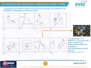Le mouvement des hackerspace / laboratoires ouverts / Fablab
                                                                                                                                                  Innovation is Openness
 L'explication par l'image du besoin d'une pièce de rechange qui, finalement, est 
 parfaitement réalisable avec les bons outils...




                                                                                                                                         Histoire d'imprimante 3D (8/9), Laboratoire Ouvert Grenoblois, CC-By-SA 2.0




                                                                                                                              Une génération (Y?) 
                                                                                                                              adepte du « Do it yourself » 
                                                                                                                              et qui construit des 
                                                                                                                              ●
                                                                                                                                FabLab (laboratoire de 
                                                                                                                              fabrication)
                                                                                                                              ●
                                                                                                                                et HackerSpaces (44 en 
                                                                                                                              France)
                                                                                                                              http://hackerspaces.org/wiki/France




                                            Storyboard, Laboratoire Ouvert Grenoblois, CC-By-SA 2.0


                                                                           5                                                               www.inno3.fr
                      « L'impression 3D : prochaine révolution de la propriété ? », © 2012 Benjamin Jean, inno³,  sous triple licence CC-By-SA 3.0, GNU GFL 1.3 et LAL 1.3
 
