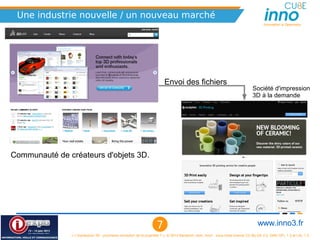 Une industrie nouvelle / un nouveau marché
                                                                                                                                      Innovation is Openness




                                                                        Envoi des fichiers
                                                                                                                               Société d'impression 
                                                                                                                               3D à la demande




Communauté de créateurs d'objets 3D.




                                                                    7                                                              www.inno3.fr
               « L'impression 3D : prochaine révolution de la propriété ? », © 2012 Benjamin Jean, inno³,  sous triple licence CC-By-SA 3.0, GNU GFL 1.3 et LAL 1.3
 