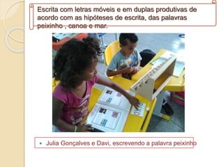 Escrita com letras móveis e em duplas produtivas de
acordo com as hipóteses de escrita, das palavras
peixinho , canoa e mar.
 Julia Gonçalves e Davi, escrevendo a palavra peixinho
 
