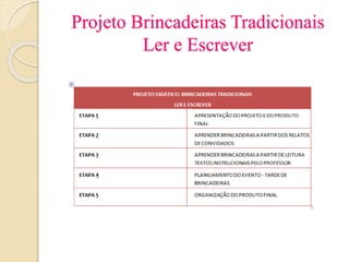 Projeto Brincadeiras Tradicionais
Ler e Escrever
 