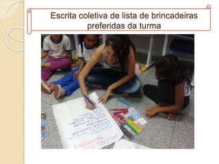 Escrita coletiva de lista de brincadeiras
preferidas da turma
 