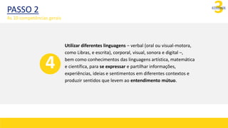 3
ATIVIDADE
Utilizar diferentes linguagens – verbal (oral ou visual-motora,
como Libras, e escrita), corporal, visual, sonora e digital –,
bem como conhecimentos das linguagens artística, matemática
e científica, para se expressar e partilhar informações,
experiências, ideias e sentimentos em diferentes contextos e
produzir sentidos que levem ao entendimento mútuo.
4
PASSO 2
As 10 competências gerais
 