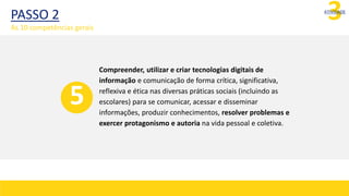 3
ATIVIDADE
Compreender, utilizar e criar tecnologias digitais de
informação e comunicação de forma crítica, significativa,
reflexiva e ética nas diversas práticas sociais (incluindo as
escolares) para se comunicar, acessar e disseminar
informações, produzir conhecimentos, resolver problemas e
exercer protagonismo e autoria na vida pessoal e coletiva.
5
PASSO 2
As 10 competências gerais
 