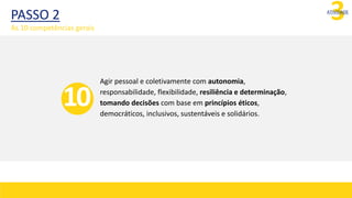 3
ATIVIDADE
Agir pessoal e coletivamente com autonomia,
responsabilidade, flexibilidade, resiliência e determinação,
tomando decisões com base em princípios éticos,
democráticos, inclusivos, sustentáveis e solidários.
10
PASSO 2
As 10 competências gerais
 