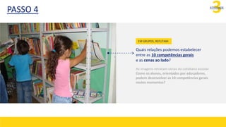 3
ATIVIDADE
Quais relações podemos estabelecer
entre as 10 competências gerais
e as cenas ao lado?
As imagens retratam cenas do cotidiano escolar.
Como os alunos, orientados por educadores,
podem desenvolver as 10 competências gerais
nestes momentos?
EM GRUPOS, REFLITAM:
PASSO 4
 