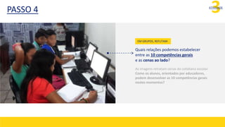 3
ATIVIDADE
Quais relações podemos estabelecer
entre as 10 competências gerais
e as cenas ao lado?
As imagens retratam cenas do cotidiano escolar.
Como os alunos, orientados por educadores,
podem desenvolver as 10 competências gerais
nestes momentos?
EM GRUPOS, REFLITAM:
PASSO 4
 