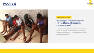 PASSO 4 3
ATIVIDADE
Quais relações podemos estabelecer
entre as 10 competências gerais
e as cenas ao lado?
As imagens retratam cenas do cotidiano escolar.
Como os alunos, orientados por educadores,
podem desenvolver as 10 competências gerais
nestes momentos?
EM GRUPOS, REFLITAM:
 