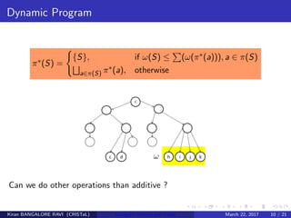 Dynamic Program
π∗(S) =
{S}, if ω(S) ≤ (ω(π∗(a))), a ∈ π(S)
a∈π(S) π∗(a), otherwise
Can we do other operations than additive ?
Kiran BANGALORE RAVI (CRISTaL) Energetic lattices and braids March 22, 2017 10 / 21
 