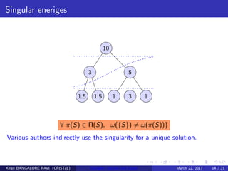 Singular eneriges
10
3 5
1.5 1.5 1 3 1
∀ π(S) ∈ Π(S), ω({S}) = ω(π(S))}
Various authors indirectly use the singularity for a unique solution.
Kiran BANGALORE RAVI (CRISTaL) Energetic lattices and braids March 22, 2017 14 / 21
 