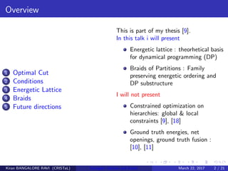 Overview
1 Optimal Cut
2 Conditions
3 Energetic Lattice
4 Braids
5 Future directions
This is part of my thesis [9].
In this talk i will present
Energetic lattice : theorhetical basis
for dynamical programming (DP)
Braids of Partitions : Family
preserving energetic ordering and
DP substructure
I will not present
Constrained optimization on
hierarchies: global & local
constraints [9], [18]
Ground truth energies, net
openings, ground truth fusion :
[10], [11]
Kiran BANGALORE RAVI (CRISTaL) Energetic lattices and braids March 22, 2017 2 / 21
 
