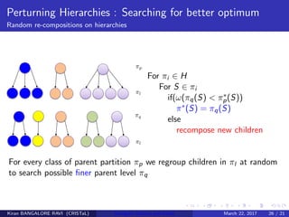 Perturning Hierarchies : Searching for better optimum
Random re-compositions on hierarchies
For πi ∈ H
For S ∈ πi
if(ω(πq(S) < π∗
p(S))
π∗(S) = πq(S)
else
recompose new children
For every class of parent partition πp we regroup children in πl at random
to search possible ﬁner parent level πq
Kiran BANGALORE RAVI (CRISTaL) Energetic lattices and braids March 22, 2017 26 / 21
 