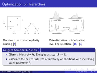 Optimization on hierarchies
Decision tree cost-complexity
pruning [4]
Rate-distortion minimization,
level line selection. [16], [3]
Guigues Scale-sets/λ-cuts [8]
Given : Hierarchy H, Energies ωφ, ω∂ : S → R.
Calculate the nested subtrees or hierarchy of partitions with increasing
scale parameter λ.
Kiran BANGALORE RAVI (CRISTaL) Energetic lattices and braids March 22, 2017 4 / 21
 