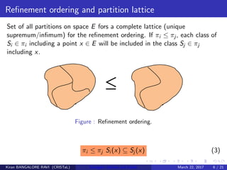 Reﬁnement ordering and partition lattice
Set of all partitions on space E fors a complete lattice (unique
supremum/inﬁmum) for the reﬁnement ordering. If πi ≤ πj , each class of
Si ∈ πi including a point x ∈ E will be included in the class Sj ∈ πj
including x.
Figure : Reﬁnement ordering.
πi ≤ πj Si (x) ⊆ Sj (x) (3)
Kiran BANGALORE RAVI (CRISTaL) Energetic lattices and braids March 22, 2017 6 / 21
 