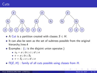 Cuts
E
S1 S2
a b c d e
E
S1 S2
a b
E
S1 S2
c d e
A Cut is a partition created with classes S ∈ H.
It can also be seen as the set of subtrees possible from the original
hierarchy/tree.4
Examples : ( is the disjoint union operator.)
π0 = a b c d e
π = a b S2
π = S1 c d e
Π(E, H) : family of all cuts possible using classes from H.
Kiran BANGALORE RAVI (CRISTaL) Energetic lattices and braids March 22, 2017 8 / 21
 