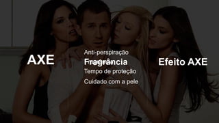 AXE Efeito AXE
Anti-perspiração
Fragrância
Tempo de proteção
Cuidado com a pele
Fragrância
 
