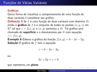 Funções de Várias Variáveis
Gráficos
Outra forma de visualizar o comportamento de uma função de
duas variáveis é considerar seu gráfico.
Definição 5 Se f é uma função de duas variáveis com domínio D,
então o gráfico de f é o conjunto de todos os pontos (x, y, z) em
R3 tal que z = f(x, y) e (x, y) pertença a D. Tal gráfico será
chamado de superfície e o denotaremos por S com equação
z = f(x, y).
Exemplo 6 Esboce o gráfico da função f(x, y) = 6 − 3x − 2y.
Solução O gráfico de f tem a equação
z = 6 − 3x − 2y
ou
3x + 2y + z = 6
que representa um plano.
Jhon Vargas Cálculo Vetorial
 