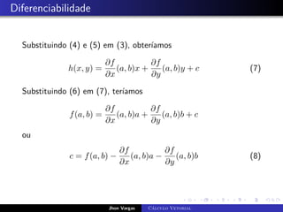 Diferenciabilidade
Substituindo (4) e (5) em (3), obteríamos
h(x, y) =
∂f
∂x
(a, b)x +
∂f
∂y
(a, b)y + c (7)
Substituindo (6) em (7), teríamos
f(a, b) =
∂f
∂x
(a, b)a +
∂f
∂y
(a, b)b + c
ou
c = f(a, b) −
∂f
∂x
(a, b)a −
∂f
∂y
(a, b)b (8)
Jhon Vargas Cálculo Vetorial
 