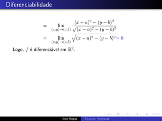 Diferenciabilidade
= lim
(x,y)→(a,b)
(x − a)2 − (y − b)2
p
(x − a)2 − (y − b)2
= lim
(x,y)→(a,b)
q
(x − a)2 − (y − b)2= 0
Logo, f é diferenciável em R2.
Jhon Vargas Cálculo Vetorial
 