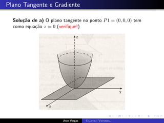 Plano Tangente e Gradiente
Solução de a) O plano tangente no ponto P1 = (0, 0, 0) tem
como equação z = 0 (verifique!)
Jhon Vargas Cálculo Vetorial
 