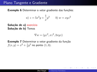 Plano Tangente e Gradiente
Exemplo 6 Determinar o vetor gradiente das funções:
a) z = 5x2
y +
1
x
y2
b) w = xyz2
Solução de a) exercício
Solução de b) Temos
∇w = (yz2
, xz2
, 2xyz)
Exemplo 7 Determinar o vetor gradiente da função
f(x, y) = x2 + 1
2y2 no ponto (1, 3).
Jhon Vargas Cálculo Vetorial
 