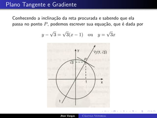 Plano Tangente e Gradiente
Conhecendo a inclinação da reta procurada e sabendo que ela
passa no ponto P, podemos escrever sua equação, que é dada por
y −
√
3 =
√
3(x − 1) ou y =
√
3x
Jhon Vargas Cálculo Vetorial
 