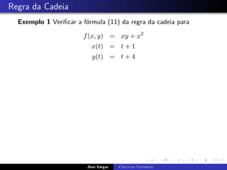 Regra da Cadeia
Exemplo 1 Verificar a fórmula (11) da regra da cadeia para
f(x, y) = xy + x2
x(t) = t + 1
y(t) = t + 4
Jhon Vargas Cálculo Vetorial
 