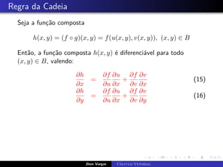 Regra da Cadeia
Seja a função composta
h(x, y) = (f ◦ g)(x, y) = f(u(x, y), v(x, y)), (x, y) ∈ B
Então, a função composta h(x, y) é diferenciável para todo
(x, y) ∈ B, valendo:
∂h
∂x
=
∂f
∂u
∂u
∂x
+
∂f
∂v
∂v
∂x
(15)
∂h
∂y
=
∂f
∂u
∂u
∂x
+
∂f
∂v
∂v
∂y
(16)
Jhon Vargas Cálculo Vetorial
 