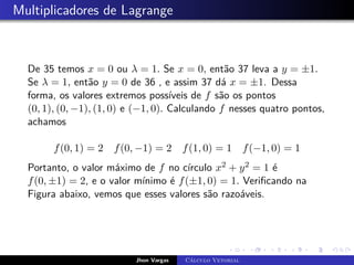 Multiplicadores de Lagrange
De 35 temos x = 0 ou λ = 1. Se x = 0, então 37 leva a y = ±1.
Se λ = 1, então y = 0 de 36 , e assim 37 dá x = ±1. Dessa
forma, os valores extremos possíveis de f são os pontos
(0, 1), (0, −1), (1, 0) e (−1, 0). Calculando f nesses quatro pontos,
achamos
f(0, 1) = 2 f(0, −1) = 2 f(1, 0) = 1 f(−1, 0) = 1
Portanto, o valor máximo de f no círculo x2 + y2 = 1 é
f(0, ±1) = 2, e o valor mínimo é f(±1, 0) = 1. Verificando na
Figura abaixo, vemos que esses valores são razoáveis.
Jhon Vargas Cálculo Vetorial
 