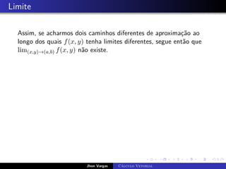 Limite
Assim, se acharmos dois caminhos diferentes de aproximação ao
longo dos quais f(x, y) tenha limites diferentes, segue então que
lim(x,y)→(a,b) f(x, y) não existe.
Jhon Vargas Cálculo Vetorial
 