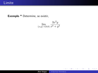 Limite
Exemplo * Determine, se existir,
lim
(x,y)→(0,0)
3x2y
x2 + y2
Jhon Vargas Cálculo Vetorial
 