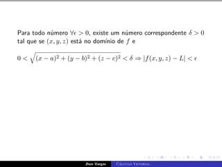 Para todo número ∀  0, existe um número correspondente δ  0
tal que se (x, y, z) está no domínio de f e
0 
q
(x − a)2 + (y − b)2 + (z − c)2  δ ⇒ |f(x, y, z) − L|  
Jhon Vargas Cálculo Vetorial
 