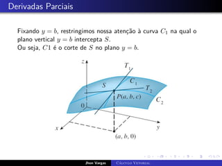 Derivadas Parciais
Fixando y = b, restringimos nossa atenção à curva C1 na qual o
plano vertical y = b intercepta S.
Ou seja, C1 é o corte de S no plano y = b.
Jhon Vargas Cálculo Vetorial
 