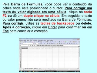 Pela Barra de Fórmulas, você pode ver o conteúdo da
célula onde está posicionado o cursor. Para corrigir um
texto ou valor digitado em uma célula, clique na tecla
F2 ou dê um duplo clique na célula. Em seguida, o texto
ou valor preenchido será reeditado na Barra de Fórmulas.
Para corrigir, utilize as teclas de backspace ou delete.
Após a correção, clique em Enter para confirmar ou em
Esc para cancelar a correção.
 