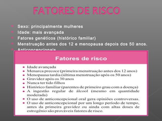    Sexo: principalmente mulheres
   Idade: mais avançada
   Fatores genéticos (histórico familiar)
   Menstruação antes dos 12 e menopausa depois dos 50 anos.
   Anticoncepcionais
 