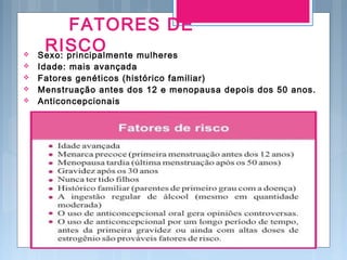 FATORES DE
RISCO Sexo: principalmente mulheres
 Idade: mais avançada
 Fatores genéticos (histórico familiar)
 Menstruação antes dos 12 e menopausa depois dos 50 anos.
 Anticoncepcionais
 