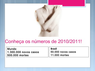Conheça os números de 2010/2011!
Brasil
50.000 novos casos
11.000 mortes
Mundo
1.300.000 novos casos
500.000 mortes
 