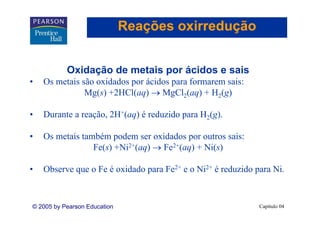 Reações oxirredução


           Oxidação de metais por ácidos e sais
•   Os metais são oxidados por ácidos para formarem sais:
               Mg(s) +2HCl(aq) → MgCl2(aq) + H2(g)

•   Durante a reação, 2H+( ) é reduzido para H2( )
    D    t        ã      (aq)    d id          (g).

•   Os metais também podem ser oxidados por outros sais:
                 Fe(s) +Ni2+(aq) → Fe2+(aq) + Ni(s)

•   Observe que o Fe é oxidado para Fe2+ e o Ni2+ é reduzido para Ni.



© 2005 by Pearson Education                                   Capítulo 04
 