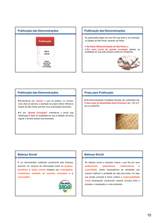 Publicação das Demonstrações                                   Publicação das Demonstrações

                                                               As publicações legais de uma S/A cuja sede é, por exemplo,
                      Publicação                               no Estado de São Paulo, deverão ser feitas:

                                                                 No Diário Oficial do Estado de São Paulo, e
                                                                 Em outro jornal de grande circulação editado na
                            Diário                             localidade em que está situada a sede da companhia.
                            Oficial



                             Outro
                          Jornal de
                           Grande
                          Circulação




Publicação das Demonstrações                                   Prazo para Publicação

  Entende-se por “jornal” o que se publica, no mínimo,           As Demonstrações Contábeis deverão ser publicados até
cinco dias na semana, a exemplo do próprio Diário Oficial do   5 dias antes da Assembléia Geral Ordinária (art. 133 § 3º
Estado de São Paulo que tem cinco publicações semanais.        da Lei 6.404/76)


  E por “grande circulação” entende-se o jornal cuja
distribuição é feita na localidade em que é editado de forma
regular e de fácil acesso aos acionistas.




Balanço Social                                                 Balanço Social

É um demonstrativo publicado anualmente pela empresa           No balanço social a empresa mostra o que faz por seus
reunindo um conjunto de informações sobre os projetos,         profissionais,    dependentes,       colaboradores      e
benefícios e ações sociais dirigidas aos empregados,           comunidade, dando transparência às atividades que
investidores,
investidores analistas de mercado acionistas e à
                          mercado,                             buscam melhorar a qualidade de vida para todos Ou seja
                                                                                                        todos.   seja,
comunidade.                                                    sua função principal é tornar pública a responsabilidade
                                                               social empresarial, construindo maiores vínculos entre a
                                                               empresa, a sociedade e o meio ambiente.




                                                                                                                            10
 