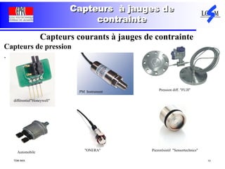 TDM AKA 13
Capteurs à jauges de
contrainte
Capteurs courants à jauges de contrainte
Capteurs de pression
.
différentiel"Honeywell"
PM Instrument Pression diff. "FUJI"
Automobile
"ONERA" Piezorésistif "Sensortechnics"
 