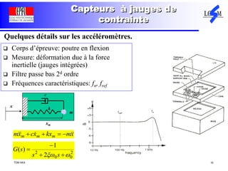 TDM AKA 16
Capteurs à jauges de
contrainte
Quelques détails sur les accéléromètres.
 Corps d’épreuve: poutre en flexion
 Mesure: déformation due à la force
inertielle (jauges intégrées)
 Filtre passe bas 2d ordre
 Fréquences caractéristiques: fn, fref
xm
x
c
k
m
2
00
2
2
1
)(
 


ss
sG
xmkxxcxm mmm  
 