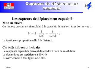 TDM AKA 37
Capteurs de déplacement
capacitif
Les capteurs de déplacement capacitif
Mise en œuvre
On impose un courant sinusoïdal à la capacité; la tension à ses bornes vaut:
La tension est proportionnelle à la distance.
Caractéristiques principales
Les capteurs capacitifs peuvent descendre à 3nm de résolution
La dynamique est supérieure à 10KHz
Ils conviennent à tout types de cibles.
 