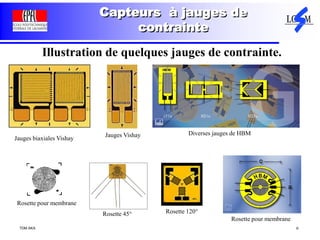 TDM AKA 6
Capteurs à jauges de
contrainte
Illustration de quelques jauges de contrainte.
Jauges biaxiales Vishay
Jauges Vishay Diverses jauges de HBM
Rosette pour membrane
Rosette 45° Rosette 120°
Rosette pour membrane
 