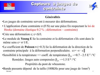TDM AKA 7
Capteurs à jauges de
contrainte
Généralités
•Les jauges de contrainte servent à mesurer des déformations.
• L'application d'une contrainte σ (F/S) sur une pièce En respectant la loi de
Hooke (domaine élastique 0.2 % ; déformation ~ contrainte)
•Crée une déformation ε; ε=Δl/l.
•Le module de Young E lie la contrainte et la déformation s'ils sont dans le
même sens ε= σ·1/E.
•Le coefficient de Poisson ν (=0.3) lie la déformation de la direction de la
contrainte principale à la déformation perpendiculaire. ε┴= -ν · ε║
•Sensibilité à la température => coeff. de température βj/s ~=0.7 - 2.5 E-5 /°C
Remèdes: Jauges auto compensées βj/s ~=1.5 E-6 /°C
Propriétés du pont de wheastone.
•Bande passante dépend de la taille (100KHz pour une jauge de 1mm2)
 