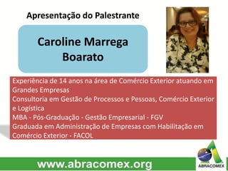 Apresentação do Palestrante
Caroline Marrega
Boarato
Experiência de 14 anos na área de Comércio Exterior atuando em
Grandes Empresas
Consultoria em Gestão de Processos e Pessoas, Comércio Exterior
e Logística
MBA - Pós-Graduação - Gestão Empresarial - FGV
Graduada em Administração de Empresas com Habilitação em
Comércio Exterior - FACOL
 