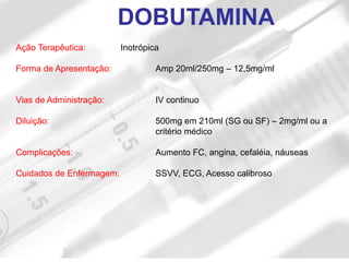 Ação Terapêutica: Inotrópica
Forma de Apresentação: Amp 20ml/250mg – 12,5mg/ml
Vias de Administração: IV continuo
Diluição: 500mg em 210ml (SG ou SF) – 2mg/ml ou a
critério médico
Complicações: Aumento FC, angina, cefaléia, náuseas
Cuidados de Enfermagem: SSVV, ECG, Acesso calibroso
DOBUTAMINA
 